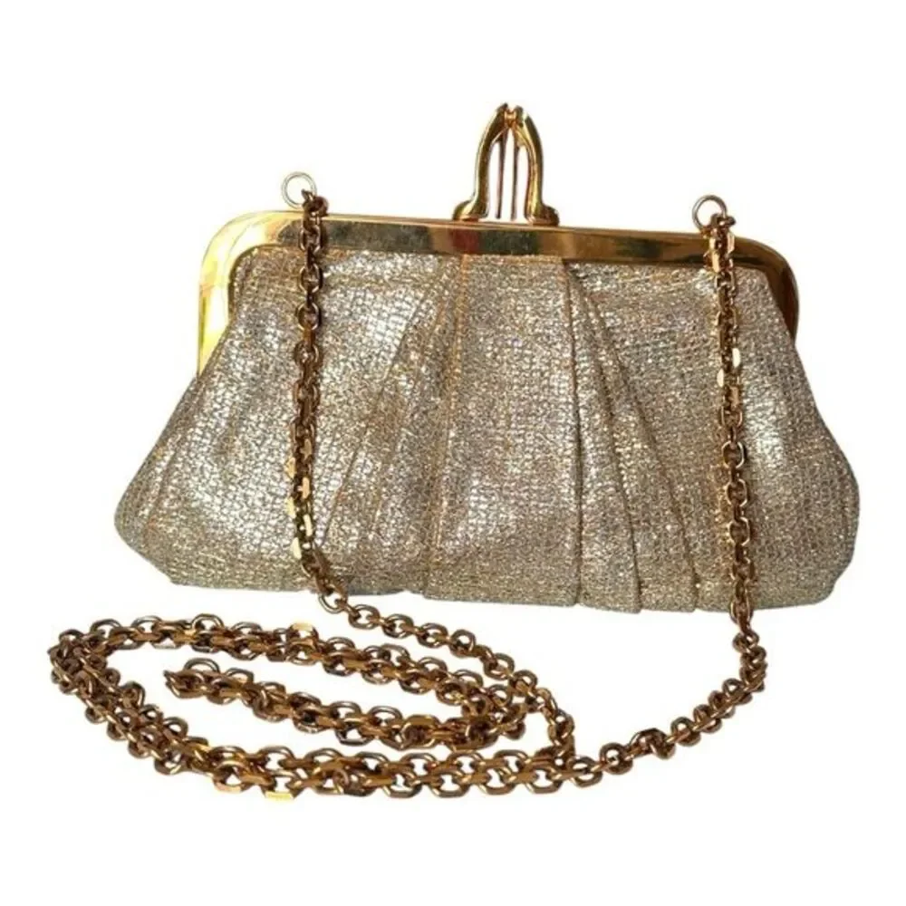 Christian Louboutin Gold Metallic Pleated Clutch Bag Sunburst Crown Frame Luxury